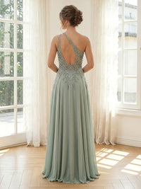 Chiffon A Line One Shoulder Long Formal Dresses with Beading