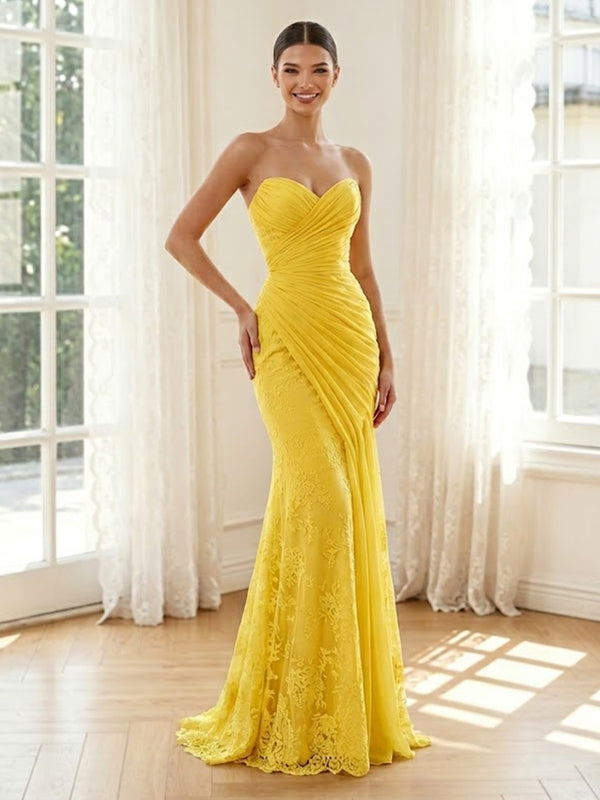 Lace Appliques Mermaid Strapless Sleeveless Long Formal Dresses