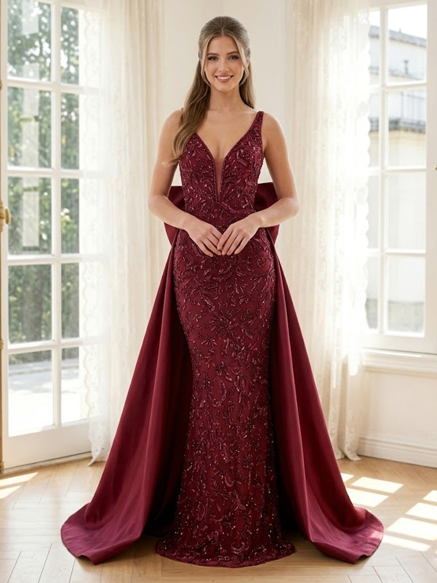 Sequin Mermaid V Neck Long Formal Dresses with Bow