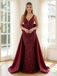 Sequin Mermaid V Neck Long Formal Dresses with Bow
