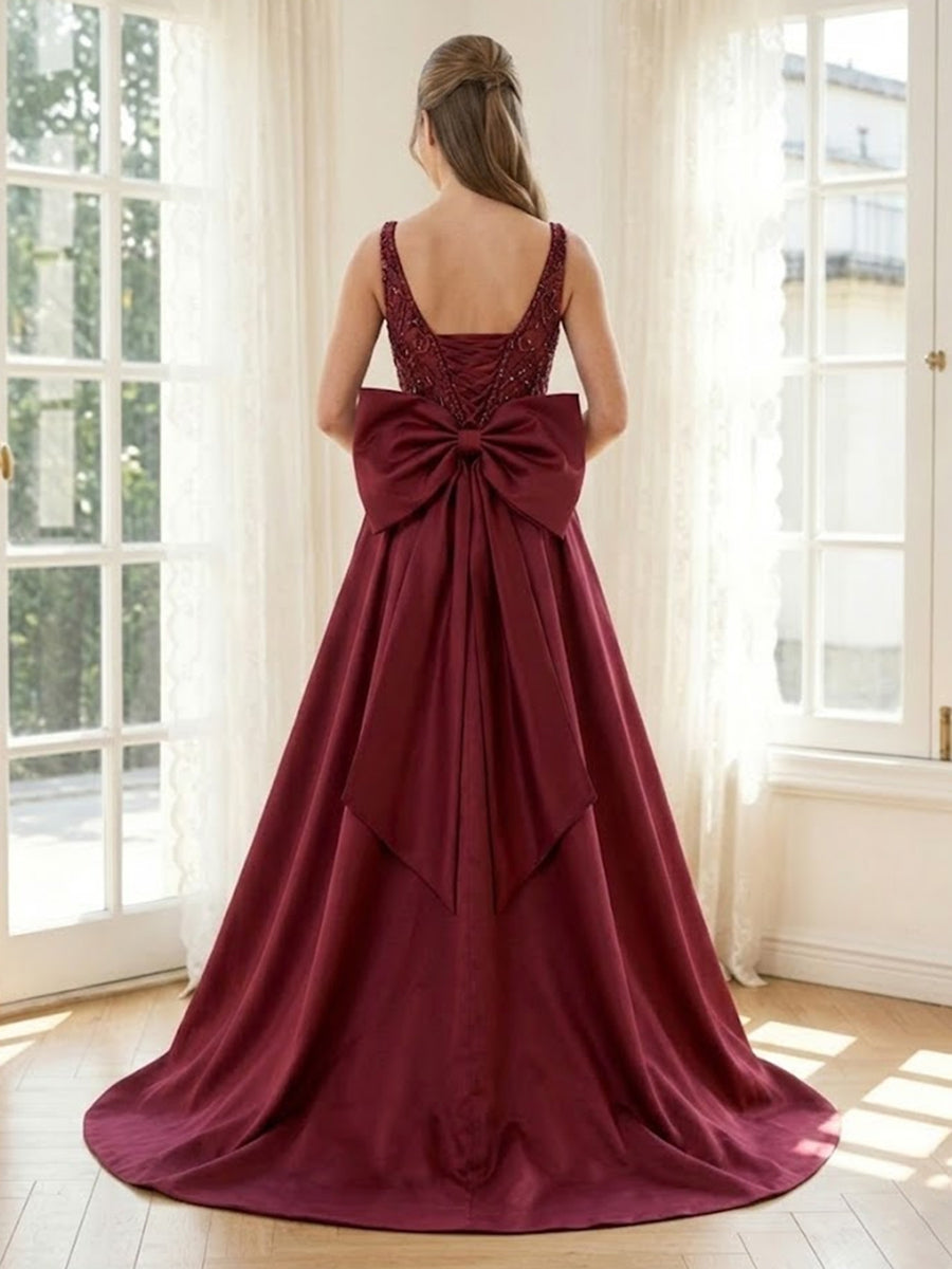 Sequin Mermaid V Neck Long Formal Dresses with Bow