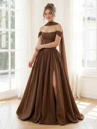 Satin A Line Off Shoulder Long Formal Dresses with Slit
