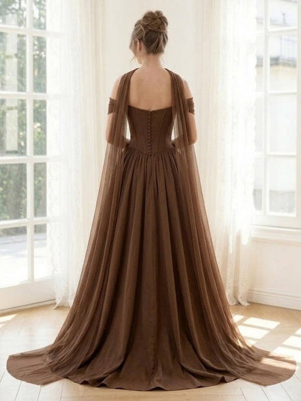 Satin A Line Off Shoulder Long Formal Dresses with Slit