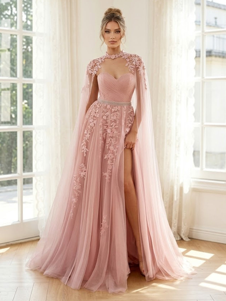 Tulle A Line Strapless Lace Appliques Long Formal Dresses with Slit
