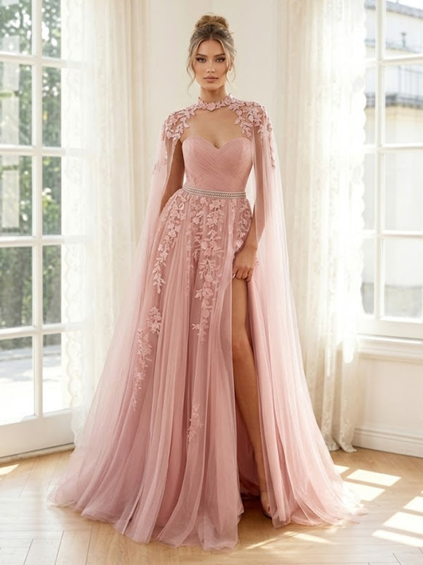 Tulle A Line Strapless Lace Appliques Long Formal Dresses with Slit