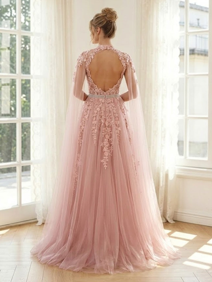 Tulle A Line Strapless Lace Appliques Long Formal Dresses with Slit