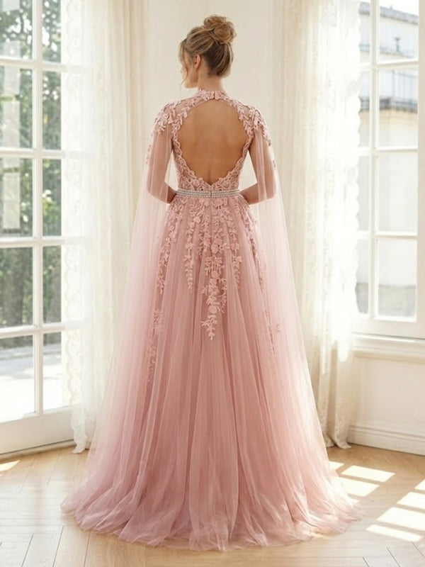 Tulle A Line Strapless Lace Appliques Long Formal Dresses with Slit