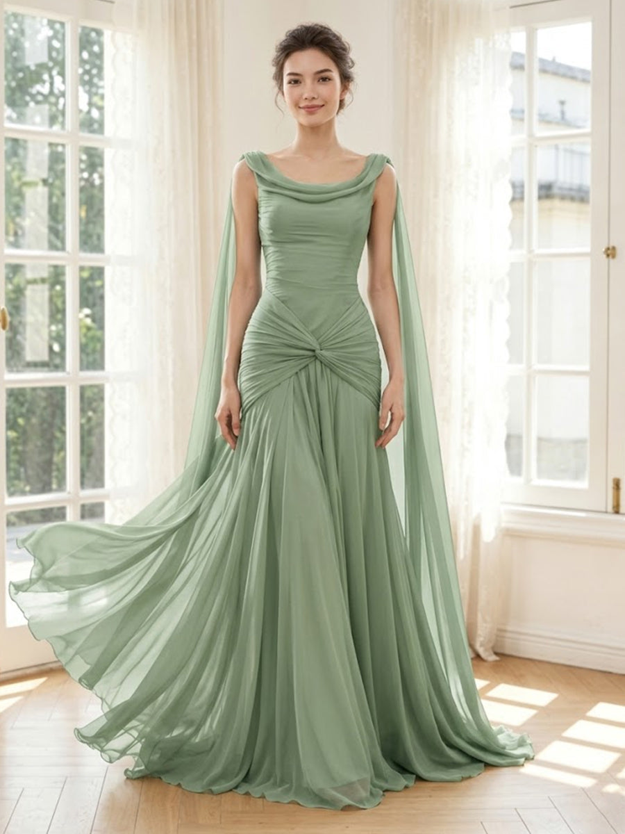 Chiffon Mermaid Cowl Neck Long Formal Dresses with Ruched