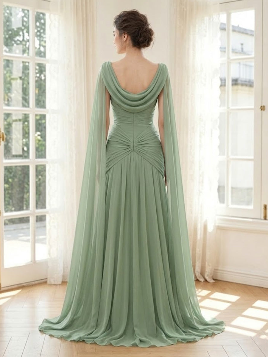 Chiffon Mermaid Cowl Neck Long Formal Dresses with Ruched