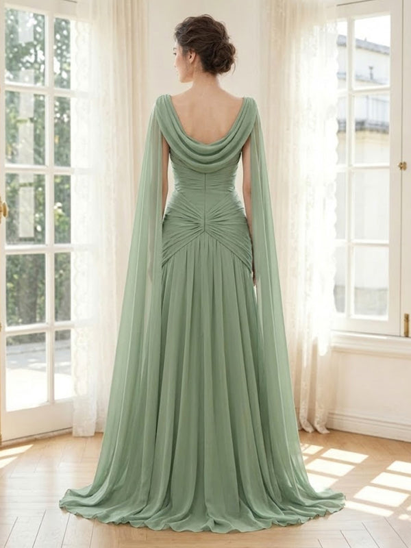 Chiffon Mermaid Cowl Neck Long Formal Dresses with Ruched