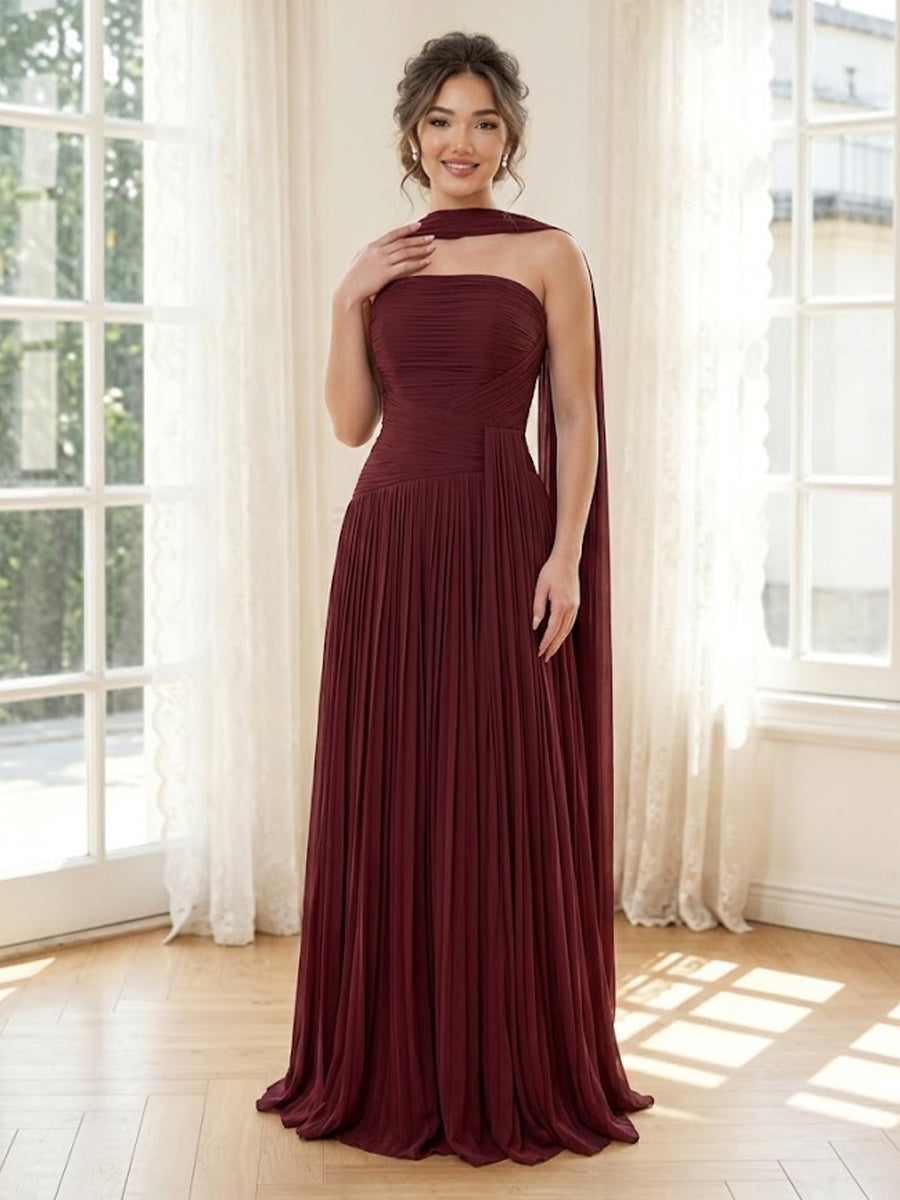 Chiffon A Line Strapless Long Formal Dresses with Scarf