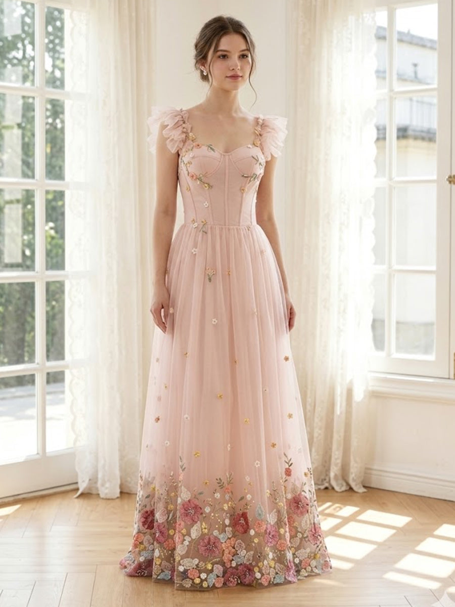 Tulle A Line Spaghetti Straps Long Formal Dresses with Floral Print