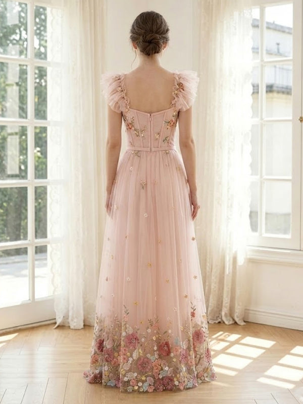 Tulle A Line Spaghetti Straps Long Formal Dresses with Floral Print