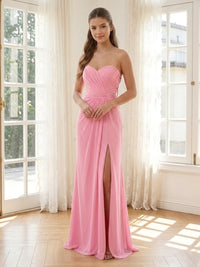 Chiffon Mermaid Strapless Long Formal Dresses with Slit