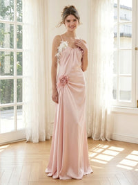 Satin A Line Spaghetti Straps Long Formal Dresses with Feather