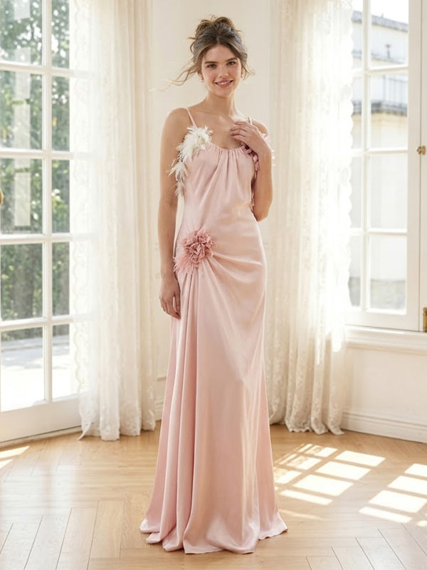 Satin A Line Spaghetti Straps Long Formal Dresses with Feather