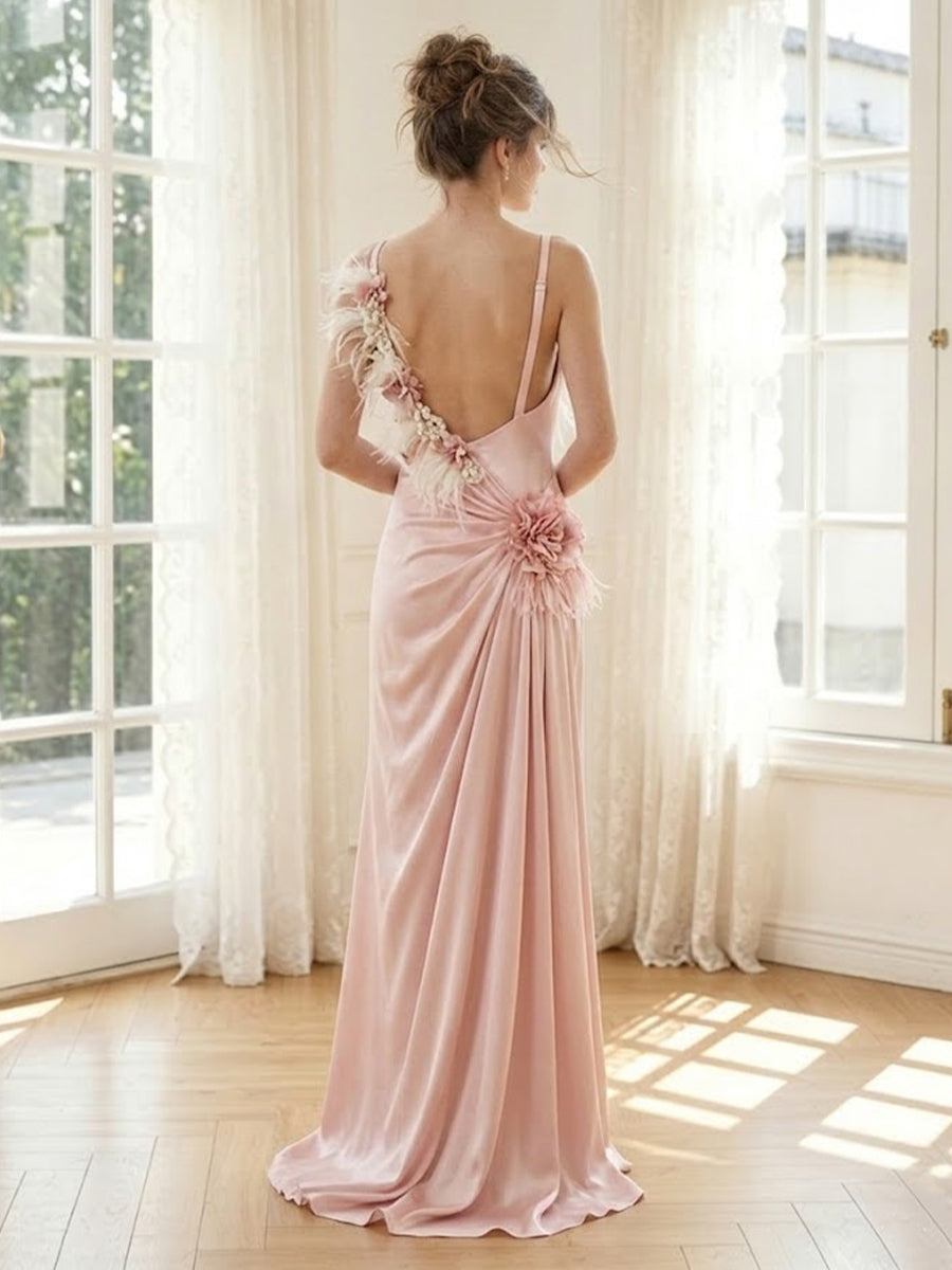 Satin A Line Spaghetti Straps Long Formal Dresses with Feather