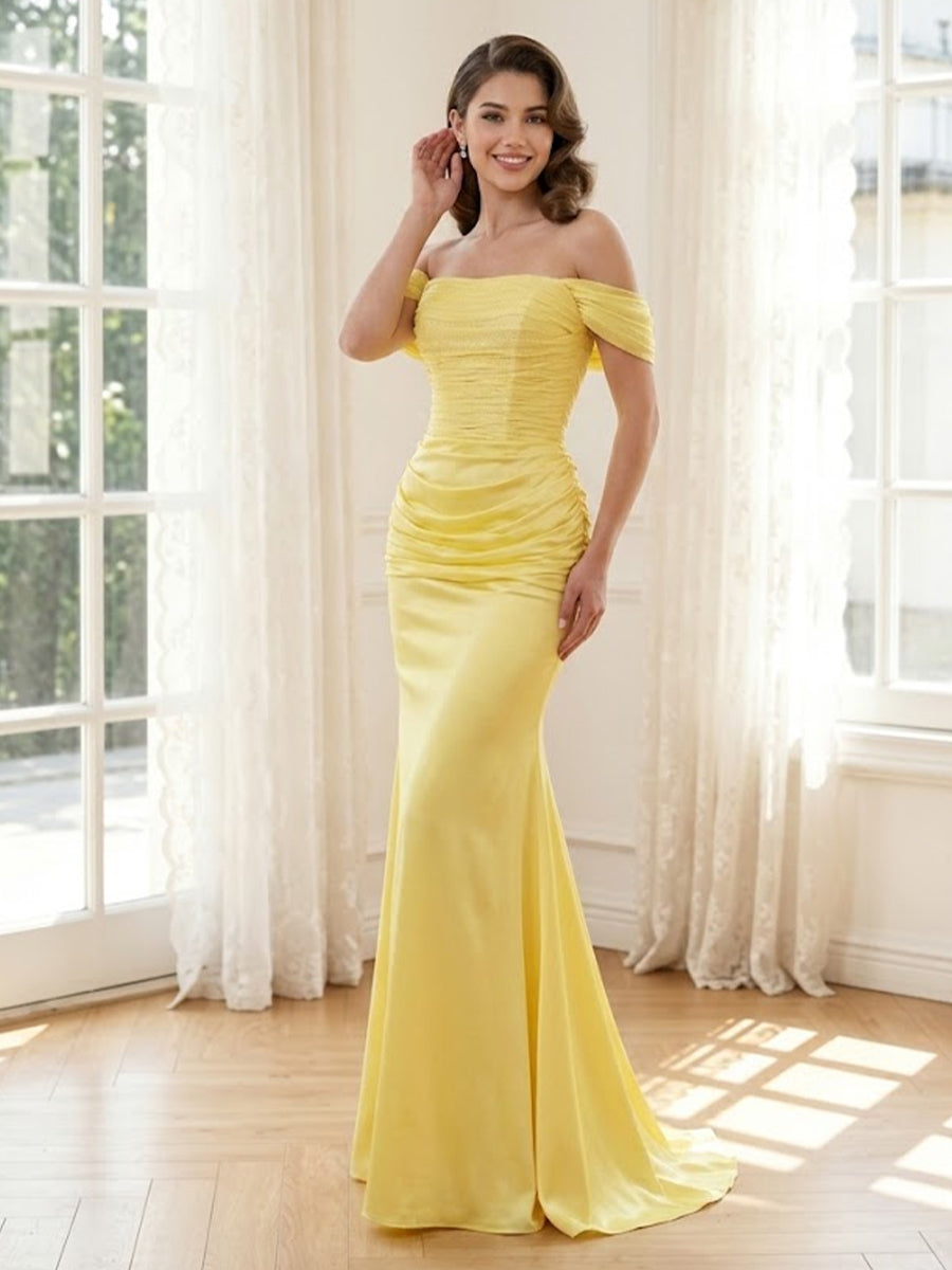 Satin Mermaid Off Shoulder Long Formal Dresses with Pleated