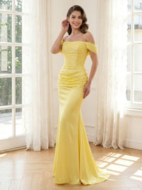 Satin Mermaid Off Shoulder Long Formal Dresses with Pleated