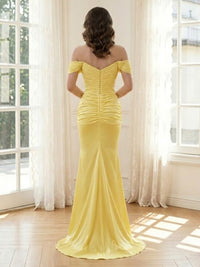 Satin Mermaid Off Shoulder Long Formal Dresses with Pleated