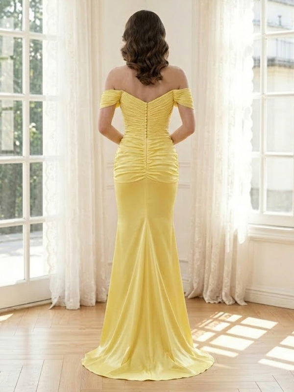 Satin Mermaid Off Shoulder Long Formal Dresses with Pleated