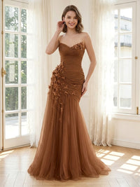 Tulle Mermaid Strapless Long Formal Dresses with 3D Flowers