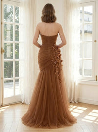 Tulle Mermaid Strapless Long Formal Dresses with 3D Flowers