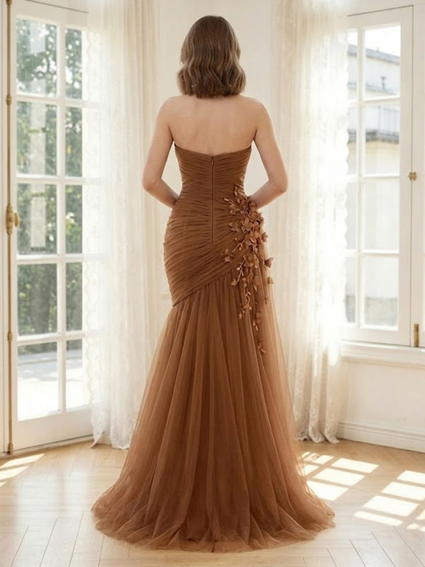 Tulle Mermaid Strapless Long Formal Dresses with 3D Flowers
