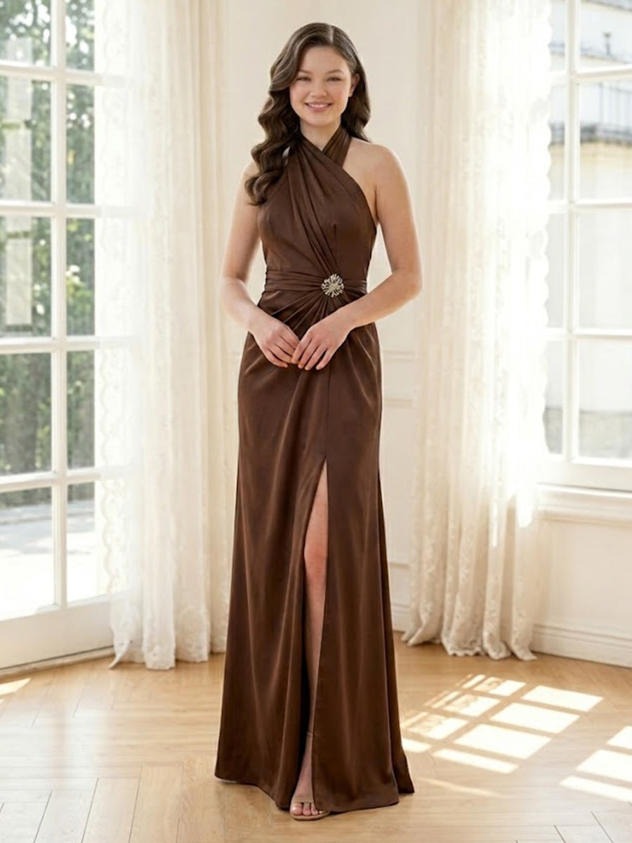 Satin Mermaid Halter Long Formal Dresses with Slit