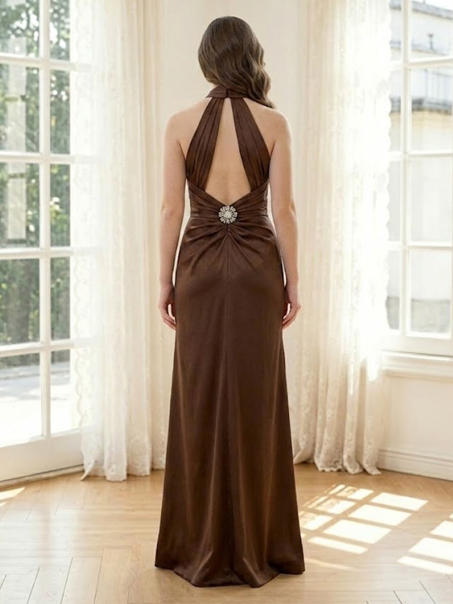 Satin Mermaid Halter Long Formal Dresses with Slit
