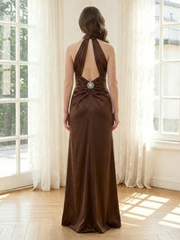 Satin Mermaid Halter Long Formal Dresses with Slit