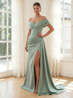 Satin Mermaid Off Shoulder Long Formal Dresses with Slit