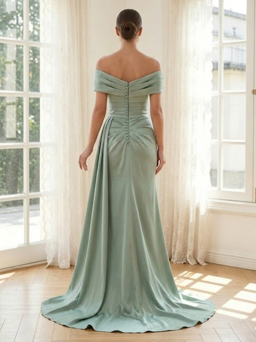 Satin Mermaid Off Shoulder Long Formal Dresses with Slit