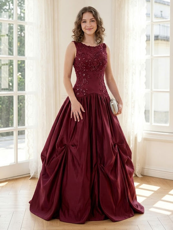 Satin A Line Sleeveless Long Formal Dresses with Sparkly Sequin