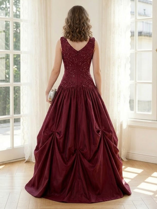 Satin A Line Sleeveless Long Formal Dresses with Sparkly Sequin
