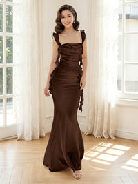 Satin Mermaid Spaghetti Straps Long Formal Dresses with Ruffles