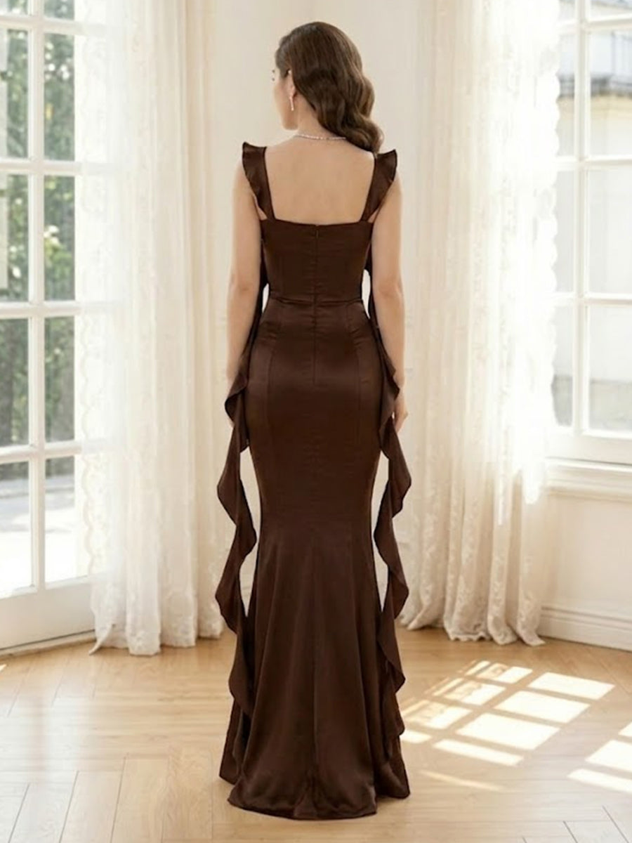 Satin Mermaid Spaghetti Straps Long Formal Dresses with Ruffles