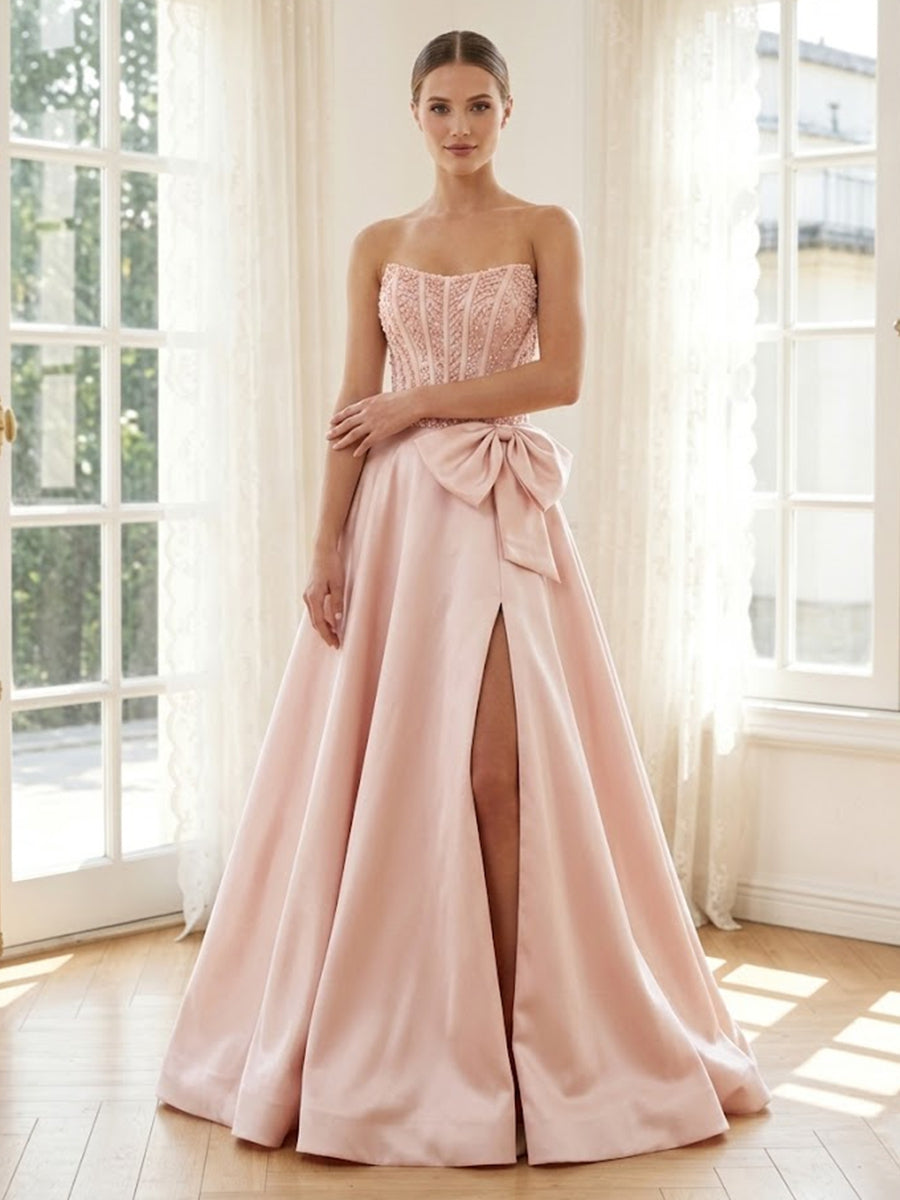 Satin A Line Strapless Long Formal Dresses with Bow