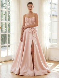 Satin A Line Strapless Long Formal Dresses with Bow