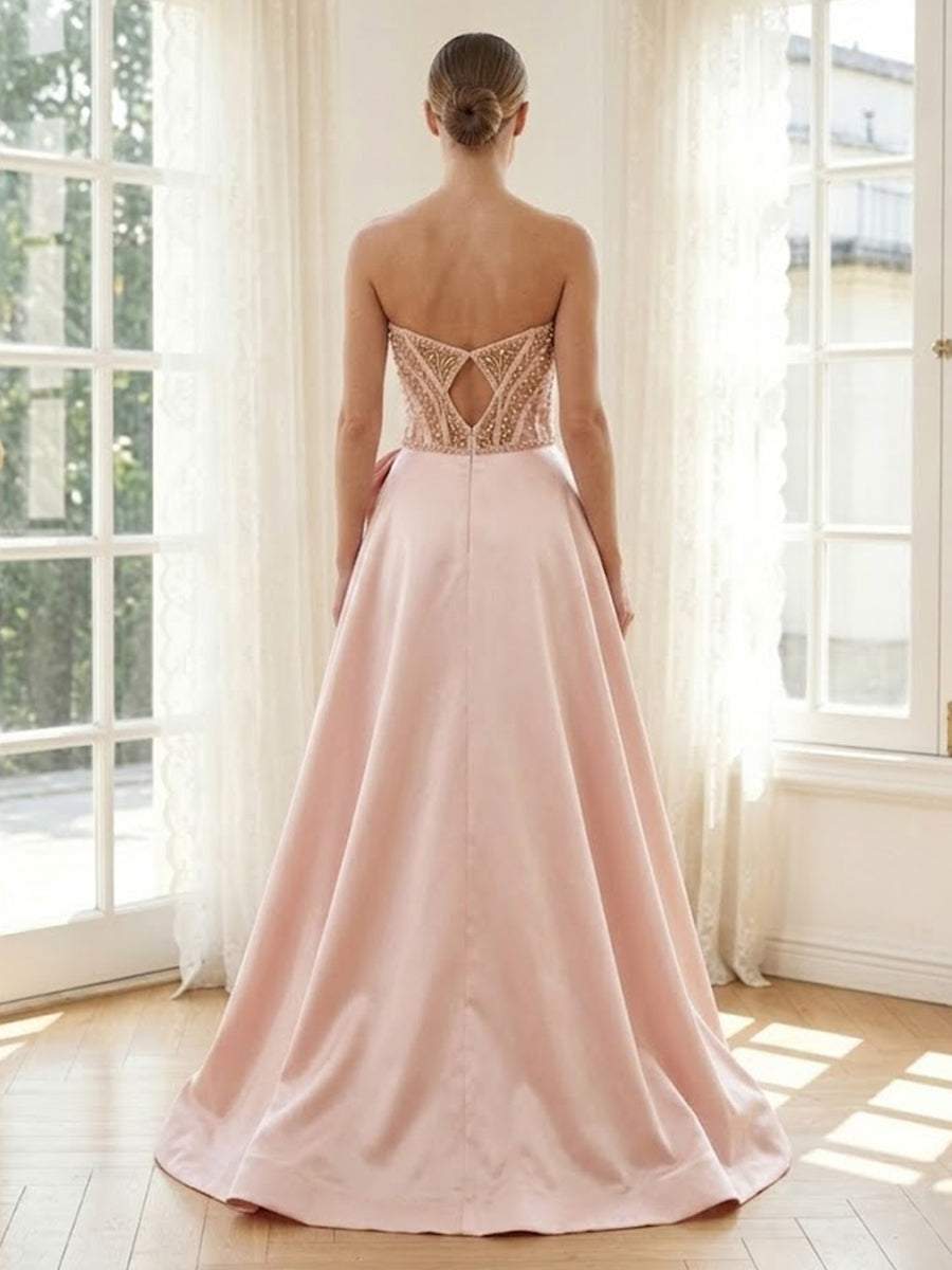 Satin A Line Strapless Long Formal Dresses with Bow