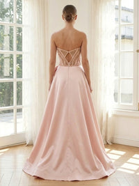 Satin A Line Strapless Long Formal Dresses with Bow