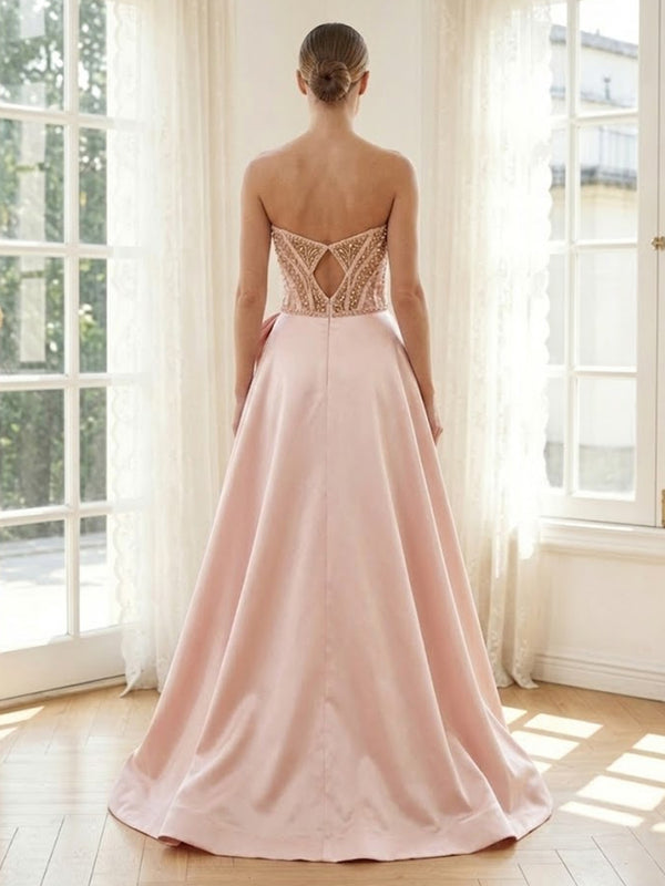 Satin A Line Strapless Long Formal Dresses with Bow