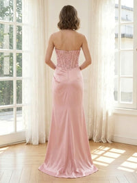 Satin Mermaid Sleeveless Long Formal Dresses with Slit