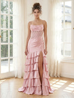 Tiered Satin Mermaid Spaghetti Straps Long Formal Dresses with Ruffles