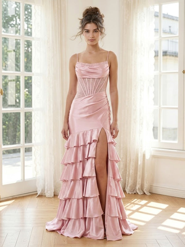 Tiered Satin Mermaid Spaghetti Straps Long Formal Dresses with Ruffles