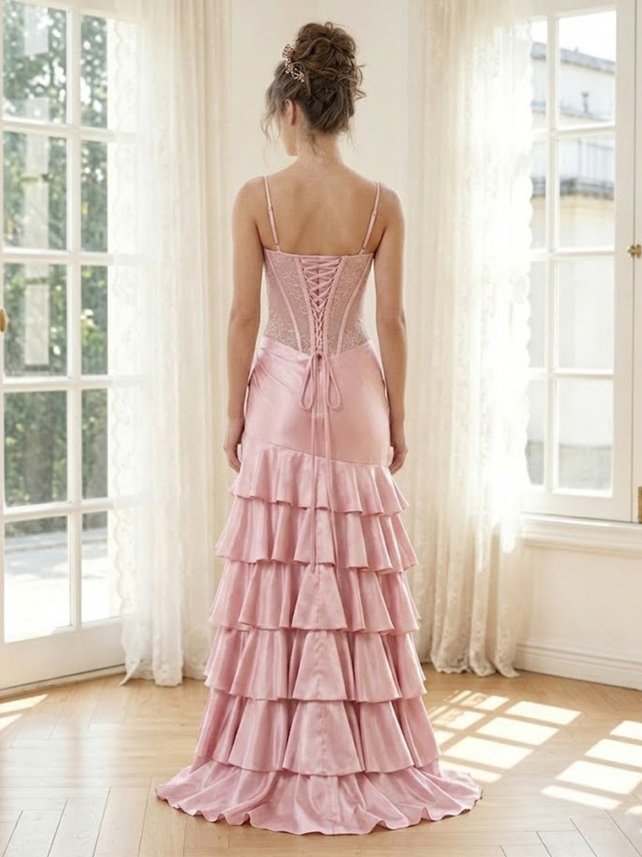 Tiered Satin Mermaid Spaghetti Straps Long Formal Dresses with Ruffles