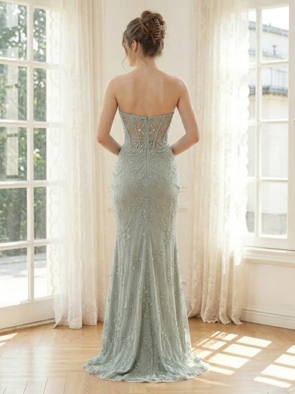 Lace Mermaid Strapless Long Formal Dresses with Slit