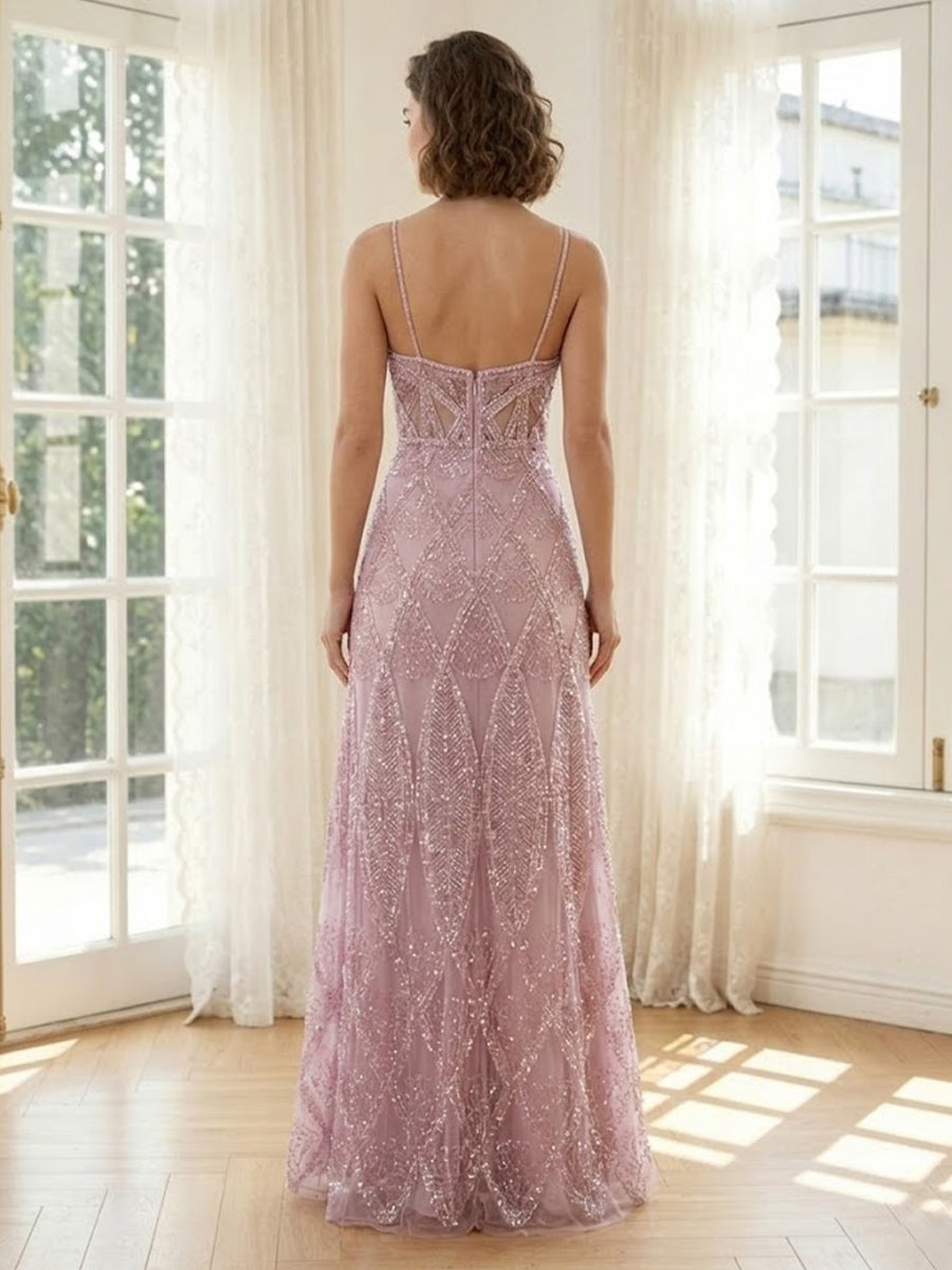 Sparkly Tulle A Line V Neck Spaghetti Straps Long Formal Dresses