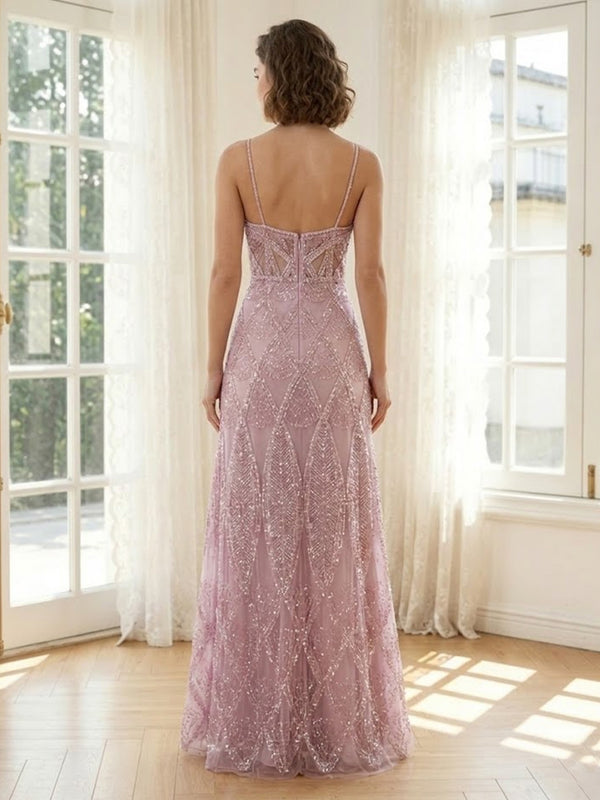 Sparkly Tulle A Line V Neck Spaghetti Straps Long Formal Dresses