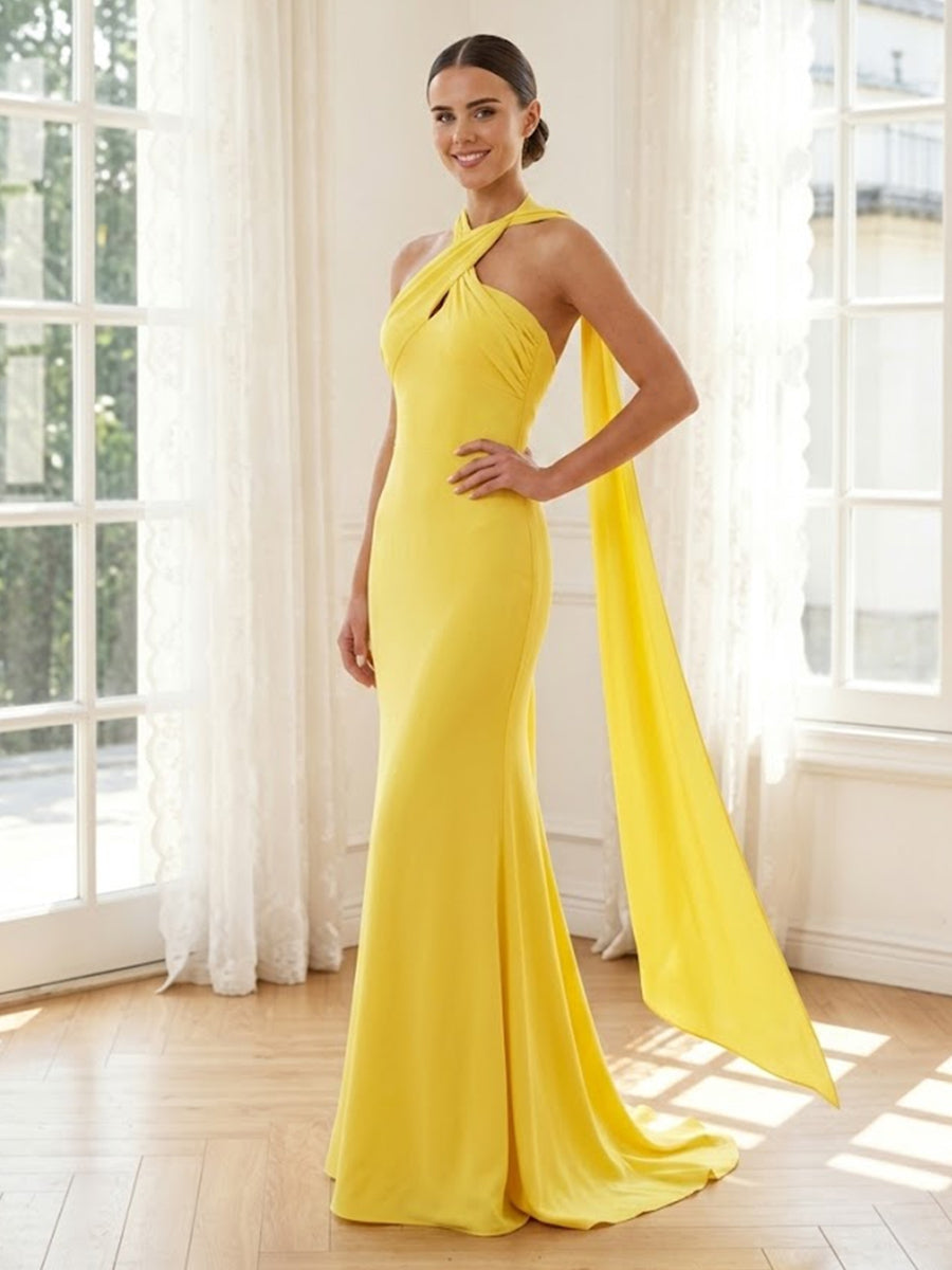 Chiffon Mermaid Halter Long Formal Dresses with Scarf